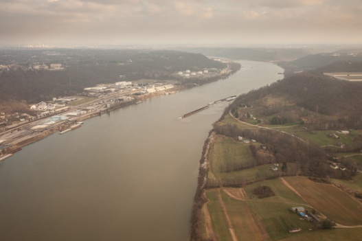 Looking up the Ohio River from the air --near where Ohio, Kentucky, and Indiana meet.