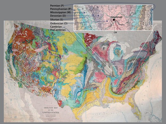 Geologic map of the United States; the area around Cincinnati is enlarged.  "CM" shows the approximate location of the Creation Museum.