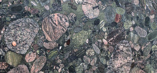 Polished conglomerate --individual cobbles are metamorphic rocks. The green color comes from the mineral chlorite.