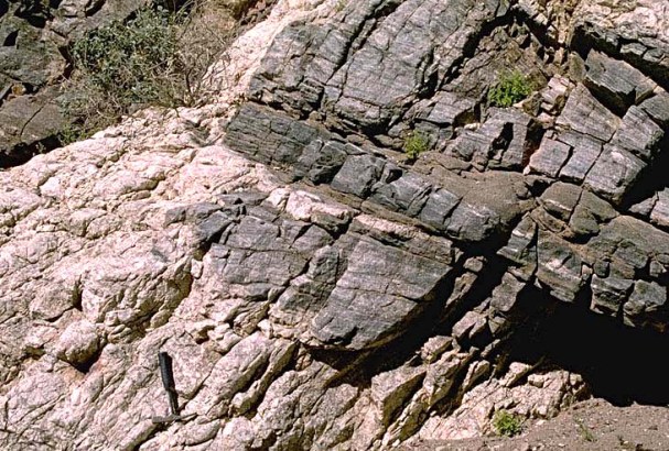 pegmatite dike and sill intruding mylonitic gneiss
