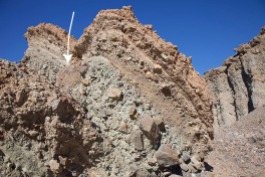 Conglomerate in Furnace Creek Wash. Arrow points to conglomerate boulder (right)